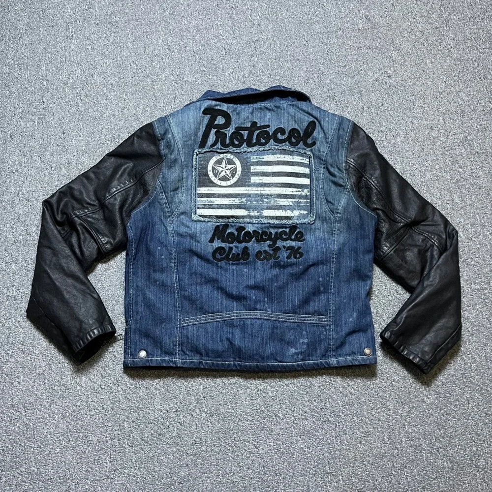 Protocol Motorcycle Jacket XL Blue Denim Black Leather Parish Nation Moto Biker‎